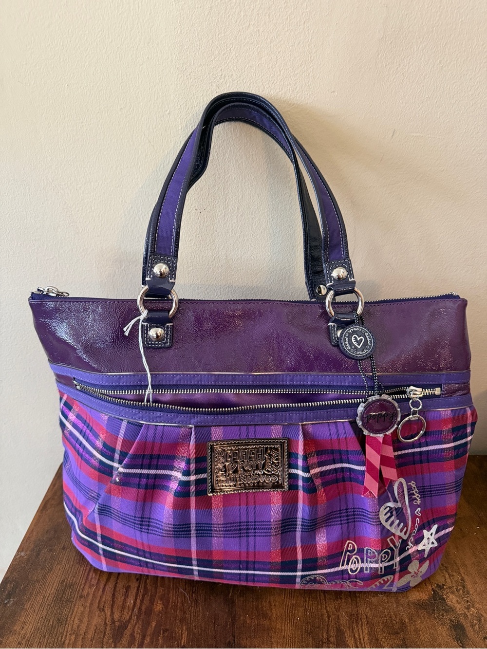 Coach Poppy Purple Plaid Tote Bag with Zip Pocket